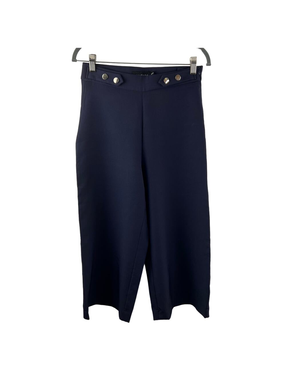 Wardrobe Navy Blue Wide Leg Cropped Pants Stretch Button Tab Accent Size 26/8